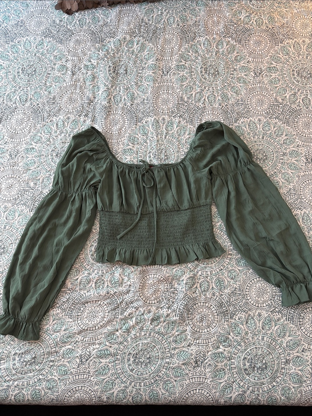 Guess Olive Green Smocked Peasant Crop Top